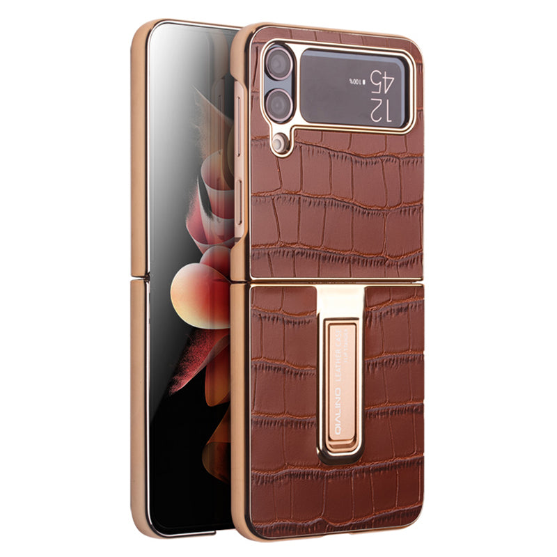 QIALINO stødsikker etui til Samsung Galaxy Z Flip4 5G Hard PC ægte lædercover Anti-drop telefoncover med støtteben QIALINO stødsikker etui til Samsung Galaxy Z Flip4 5G Hard PC ægte lædercover Anti-drop telefoncover med støtteben
